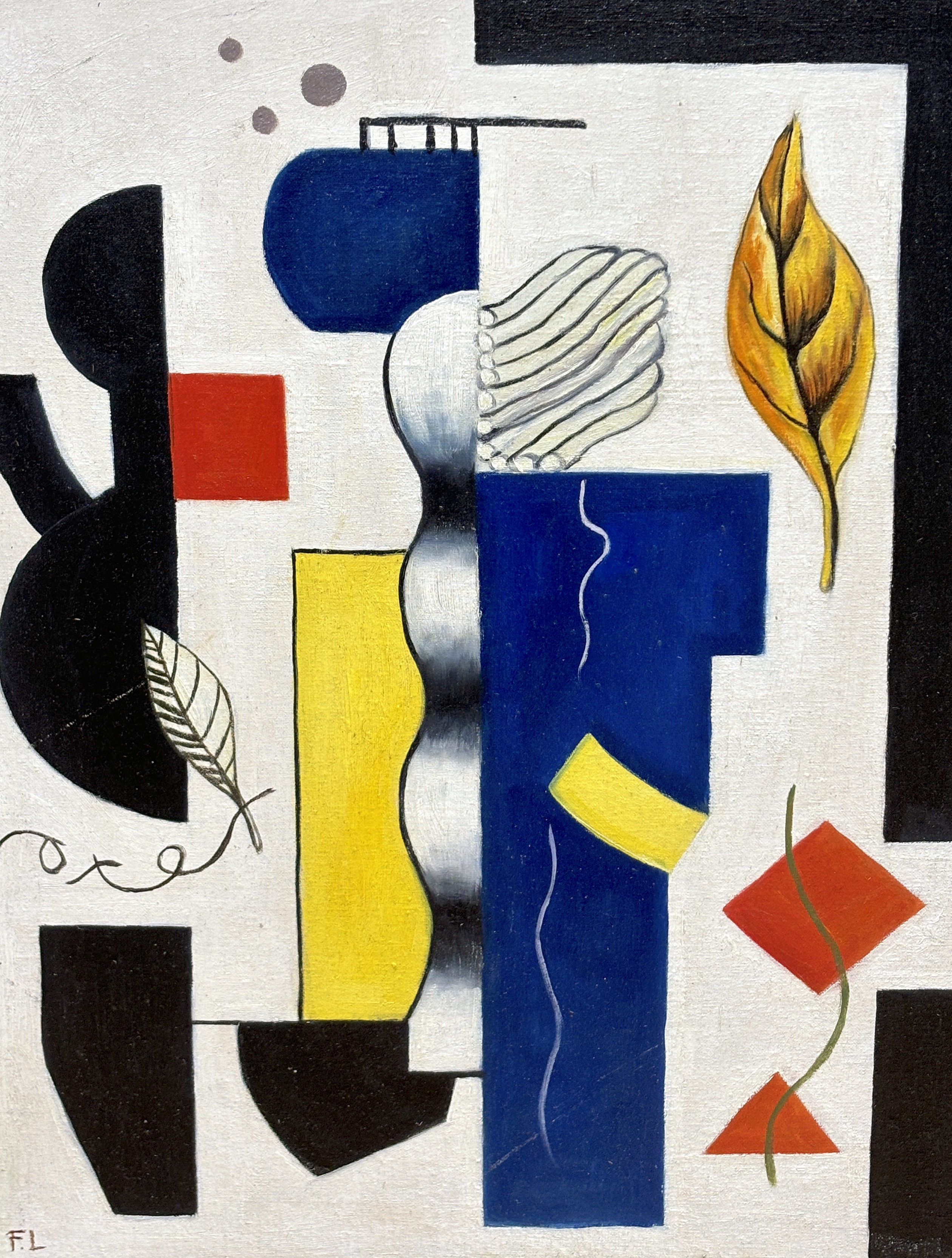 After Fernand Leger (French, 1881-1955), oil on board, Surreal composition, Geometric shapes, 60 x 47cm